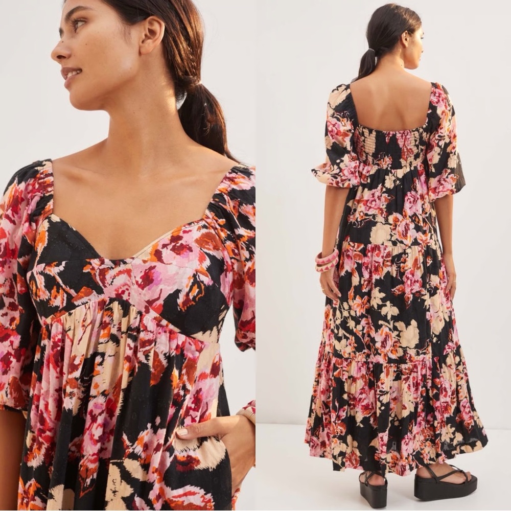 Anthropologie Blossom Maxi Dress Floral Boho Puff Sleeve Size L